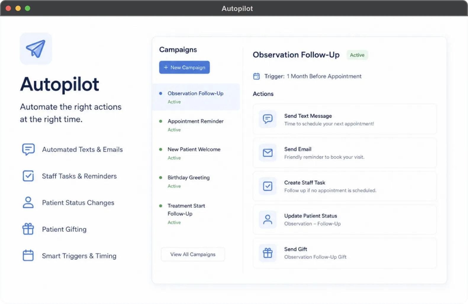 Autopilot Campaign Builder showing 47 pre-built campaigns and a multi-step automated campaign with text messages, staff tasks, gifts, and status changes timed across months