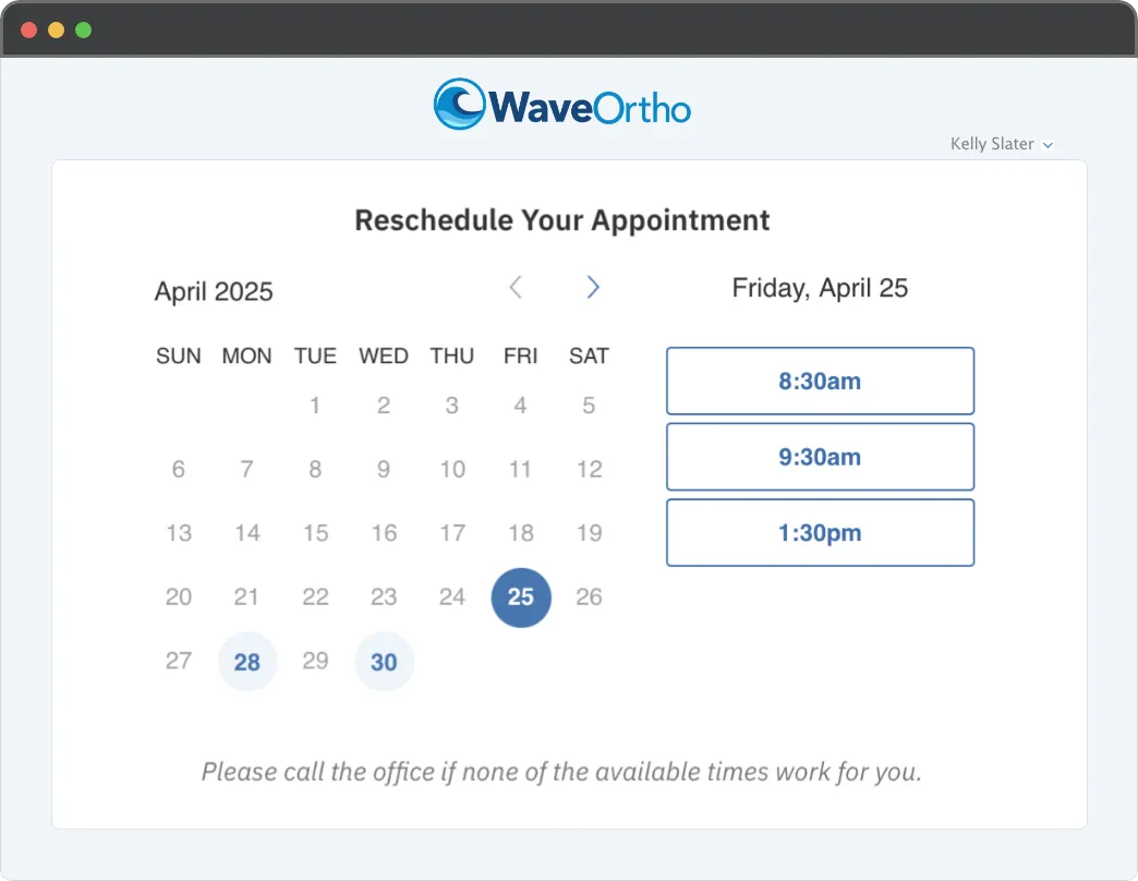 Patient Harbor reschedule screen showing calendar, available time slots, and a please call the office escape hatch