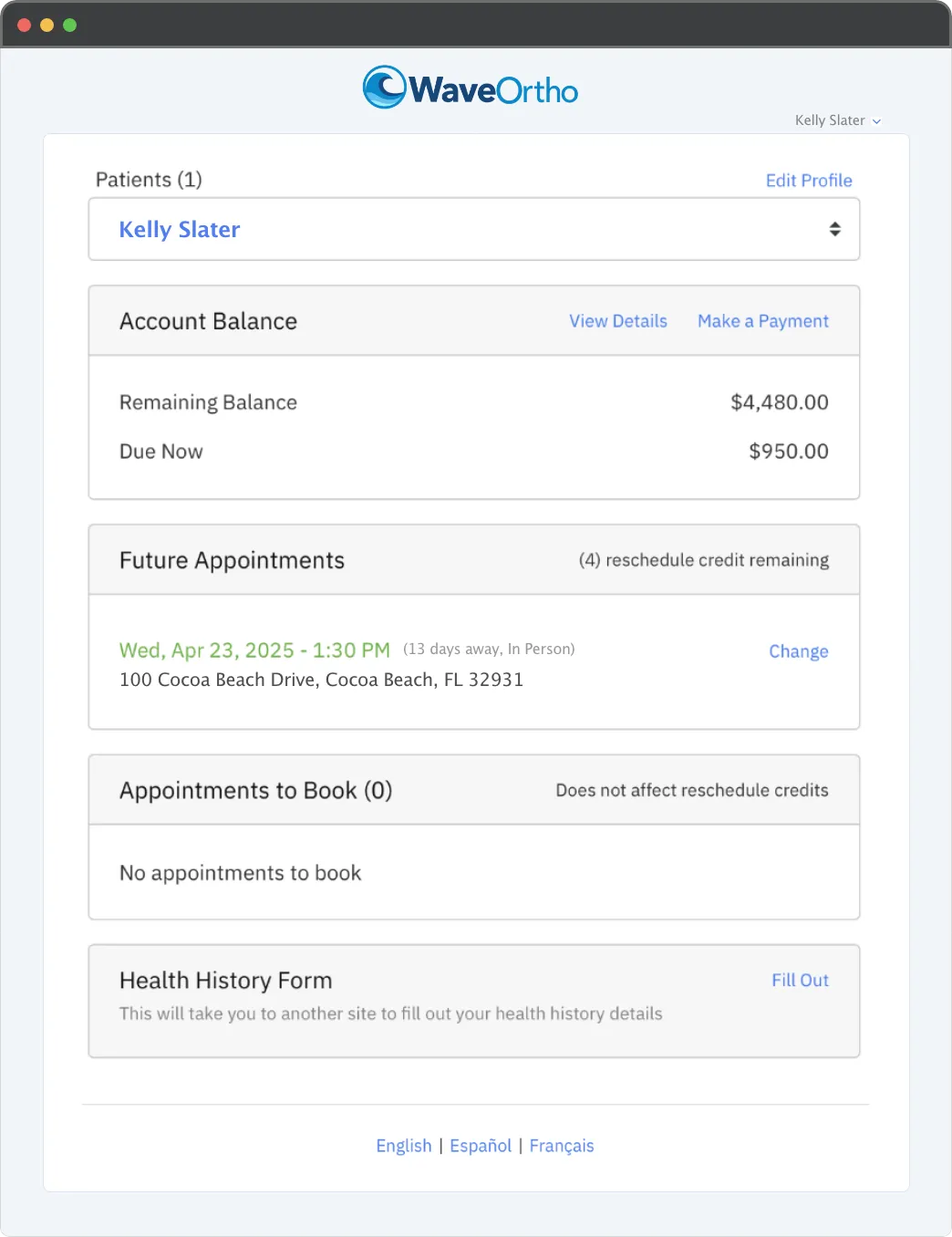 Patient Harbor portal home showing account balance, future appointments with reschedule credits, appointments to book, and health history form