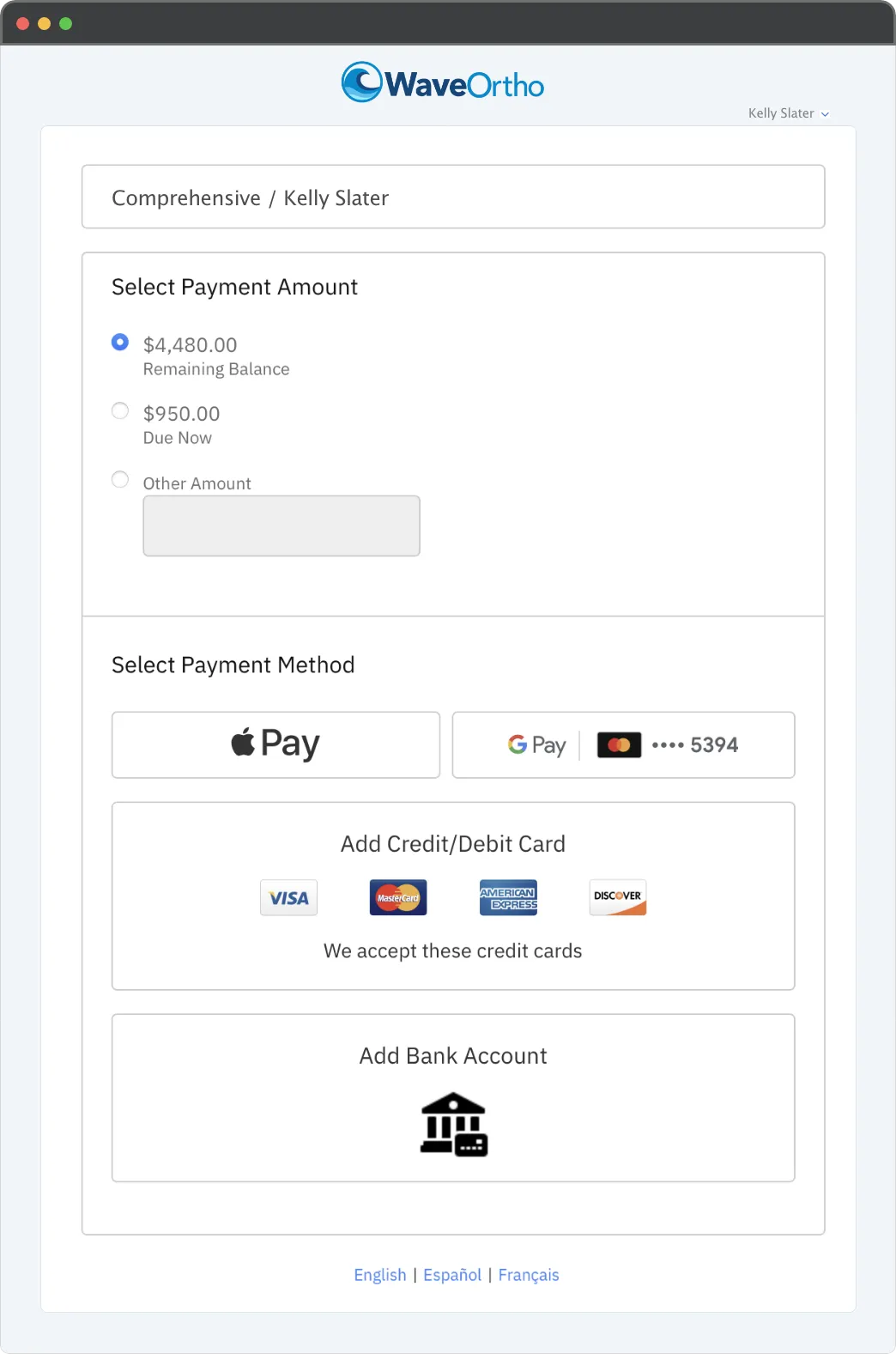 Patient Harbor payment screen showing balance options and Apple Pay, Google Pay, credit card, and bank account payment methods