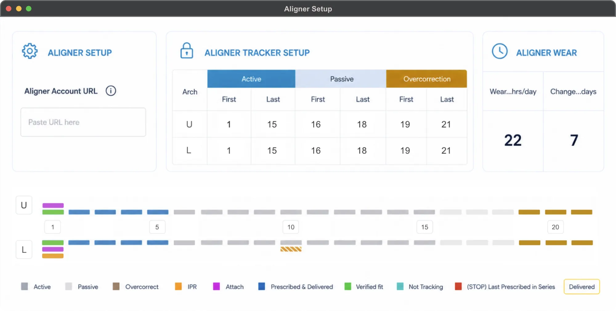 Aligner tracker setup with active, passive, and overcorrection trays plus visual tray-by-tray timeline