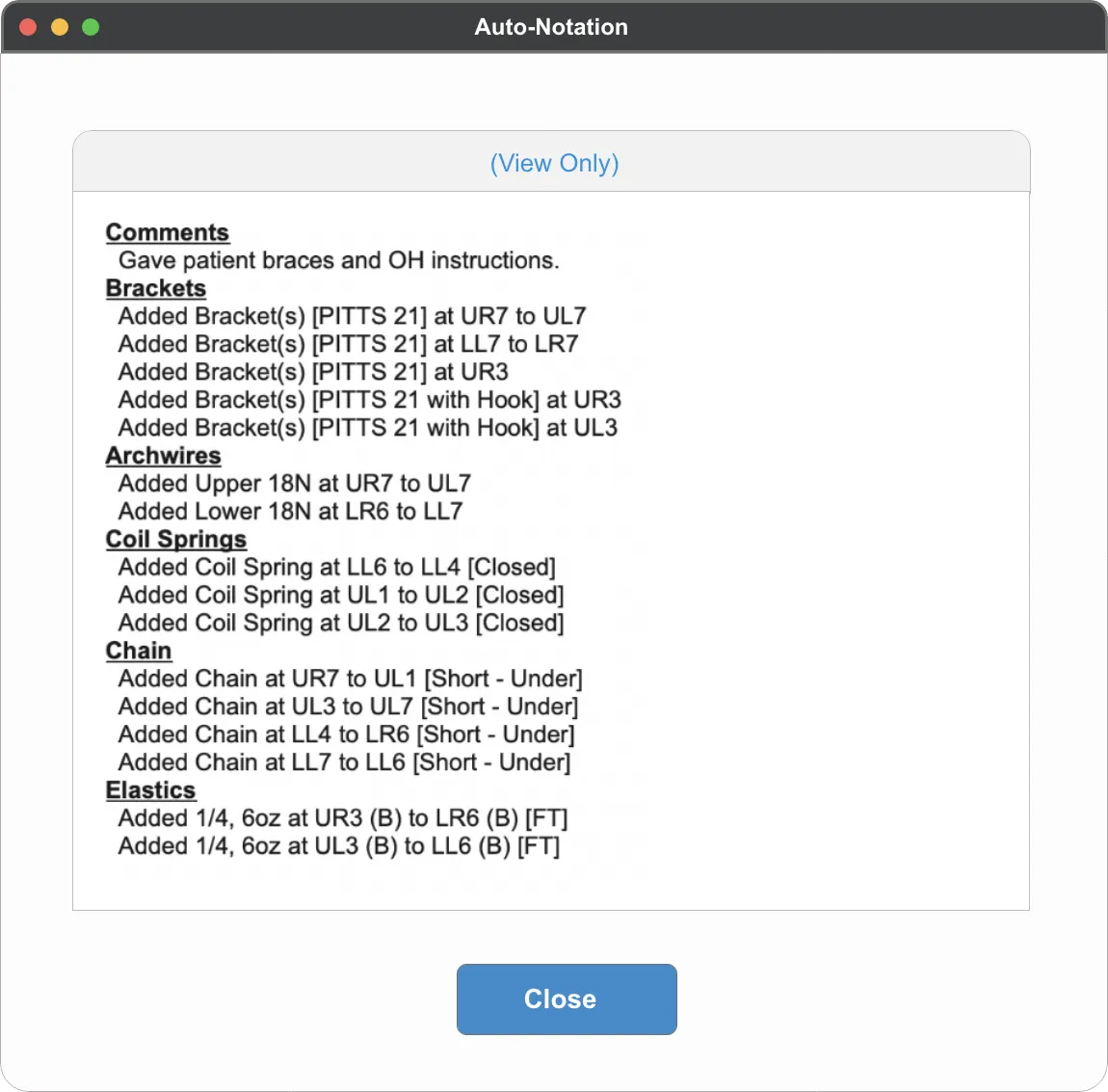 Auto-Notation expanded comments showing brackets, archwires, coil springs, chains, and elastics auto-categorized
