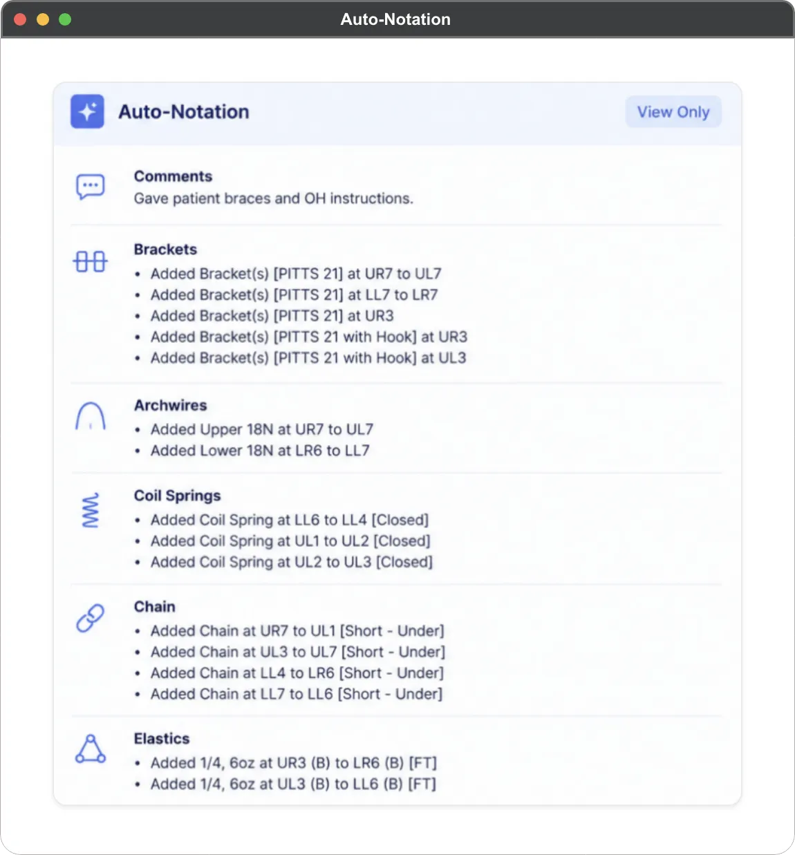 Auto-Notation expanded comments showing brackets, archwires, coil springs, chains, and elastics auto-categorized