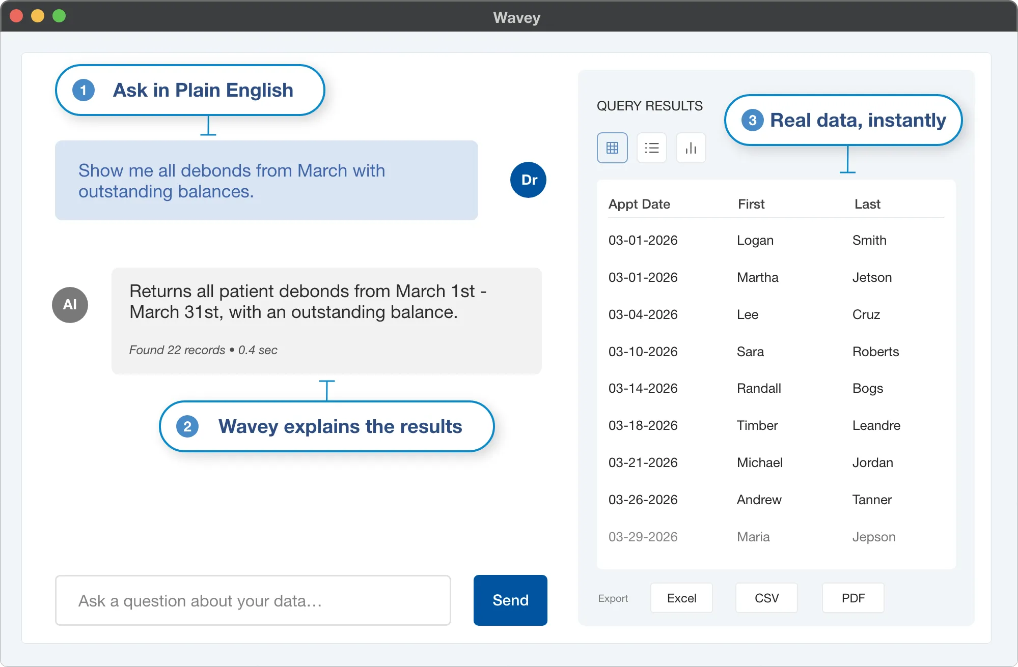 Wavey AI agent answering a practice query in plain English