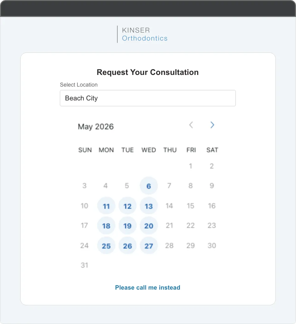 Website Exam Scheduler embedded on a practice website showing location picker and a weekly calendar of available consultation times