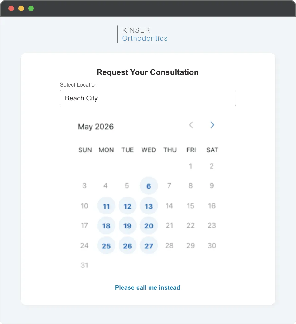 Website Exam Scheduler embedded on a practice website showing location picker and a weekly calendar of available consultation times