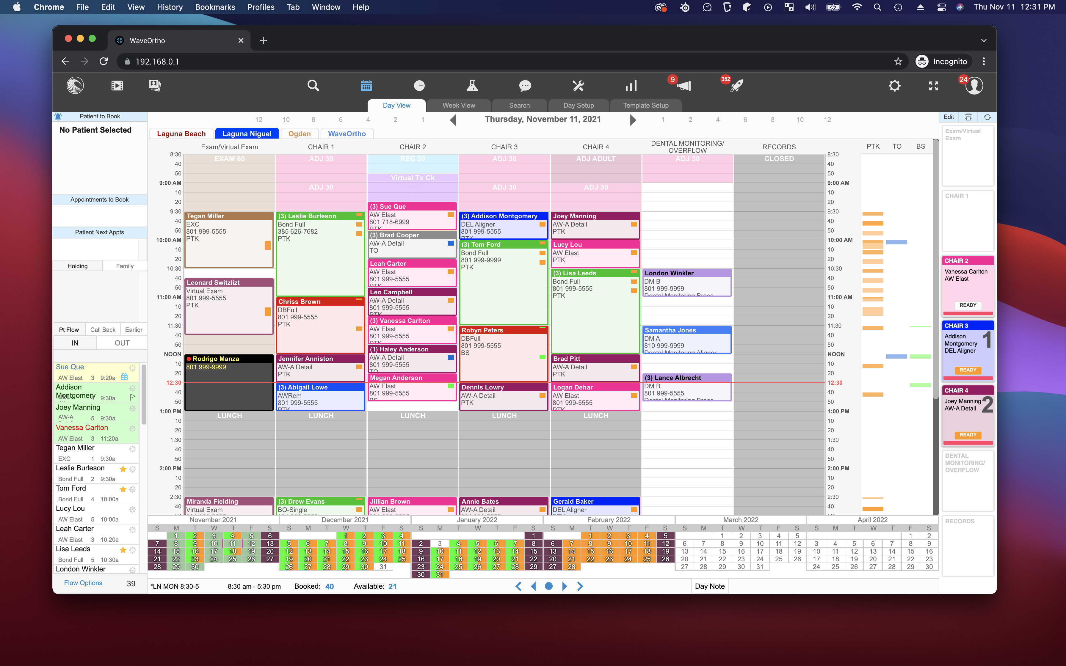 A macOS screenshot of the WaveOrtho appointment book being run in a Google Chrome browser