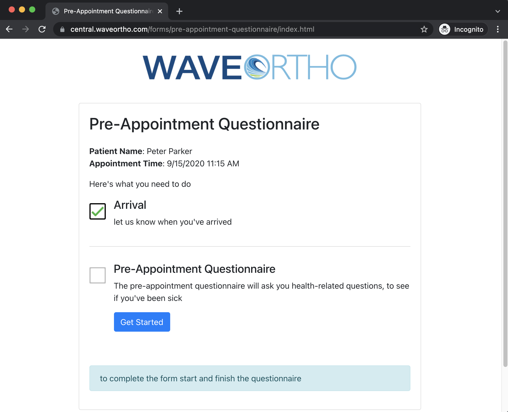 A screenshot of the pre-appointment questionnaire open in Google Chrome