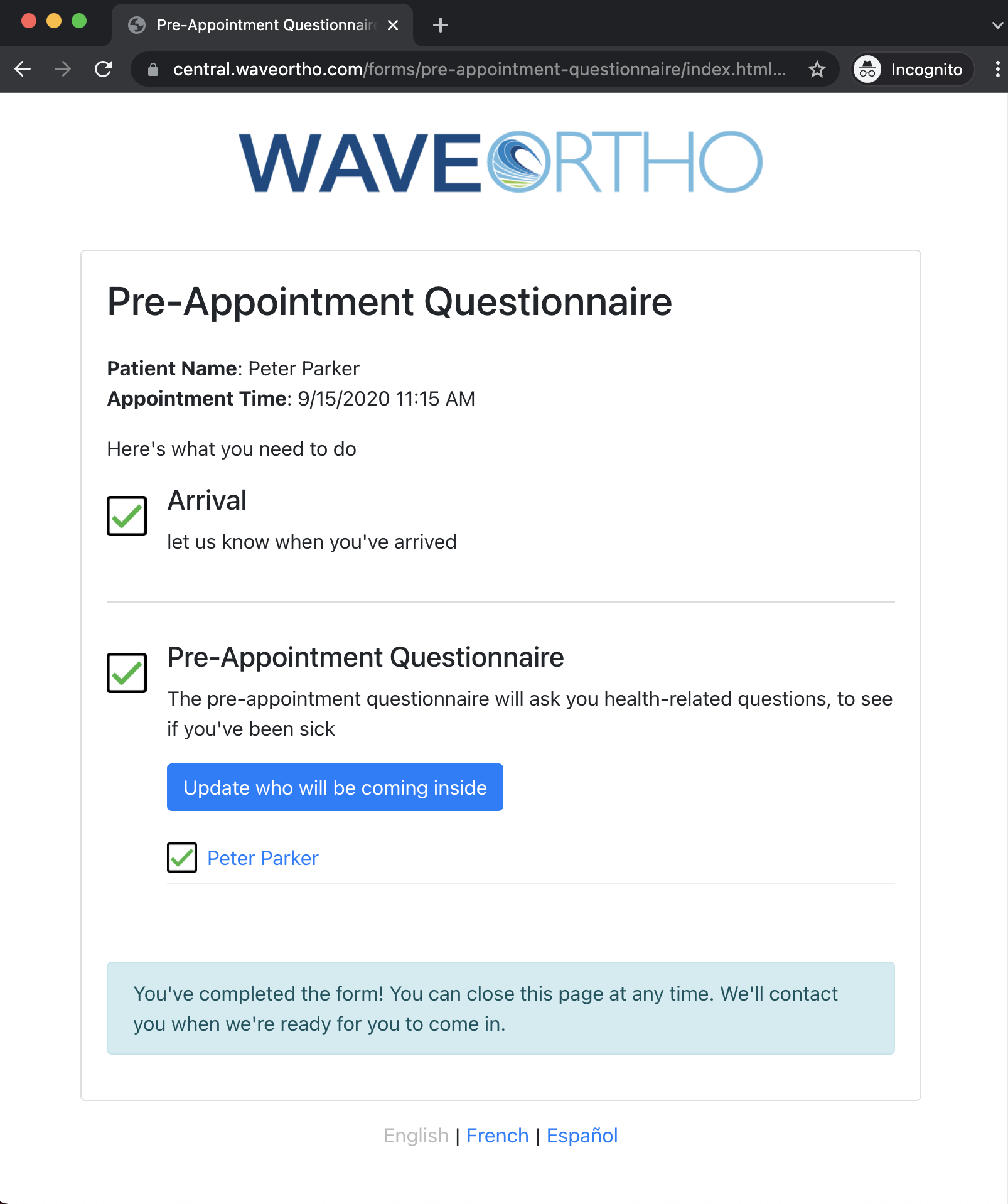 A screenshot of the pre-appointment questionnaire status page, showing an 'Arrival' and 'Pre-Appointment Questionnaire' statuses as 'complete' and ready to arrive at their appointment